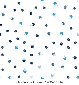 Dark BLUE vector seamless template with cups of coffee, beans. Gradient abstract collection of coffee cups and beans. Pattern for ad, booklets, leaflets of restaurants.