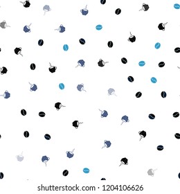 Dark BLUE vector seamless template with cups of coffee, beans. Gradient illustration with set of mugs, beans. Pattern for ads of breakfast, lunch, dinner.