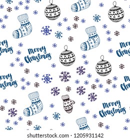 Dark BLUE vector seamless template with ice snowflakes, balls, socks, mittens. Colorful xmas elements with gradient. Template for business cards, websites.