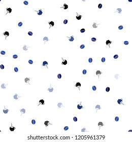 Dark BLUE vector seamless template with cups of coffee, beans. Gradient abstract collection of coffee cups and beans. Design for ad, poster, banner of cafes, restaurants.