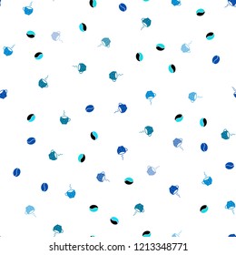 Dark BLUE vector seamless template with cups of coffee, beans. Gradient abstract collection of coffee cups and beans. Doodle design for your business advert of cafes.