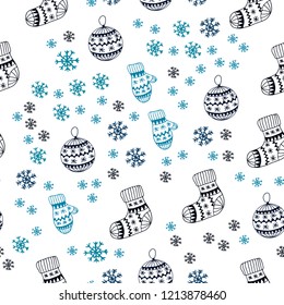 Dark BLUE vector seamless template with ice snowflakes, balls, socks, mittens. Shining colorful illustration in christmas style. Design for textile, fabric, wallpapers.