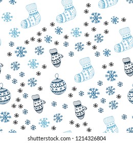 Dark BLUE vector seamless template with ice snowflakes, balls, socks, mittens. Modern geometric abstract illustration. Texture for window blinds, curtains.
