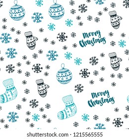 Dark BLUE vector seamless template with ice snowflakes, balls, socks, mittens. Shining colorful illustration in christmas style. Design for wallpaper, fabric makers.