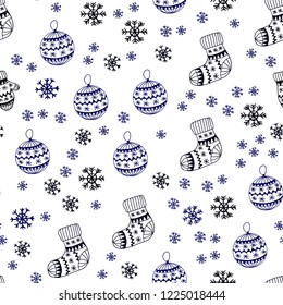Dark BLUE vector seamless template with ice snowflakes, balls, socks, mittens. Modern geometric abstract illustration. Design for wallpaper, fabric makers.