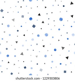 Dark BLUE vector seamless template with crystals, circles, squares. Abstract gradient illustration with circles, triangles, cubes. Pattern for trendy fabric, wallpapers.