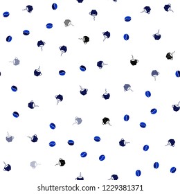 Dark BLUE vector seamless template with cups of coffee, beans. Gradient illustration with coffee beans, tea cups. Pattern for menu of cafes and restaurants.