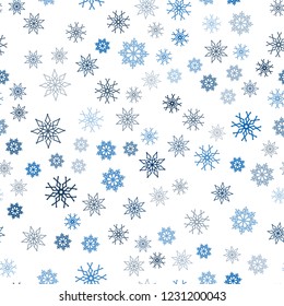 Dark BLUE vector seamless template with ice snowflakes. Decorative shining illustration with snow on abstract template. Pattern for design of window blinds, curtains.