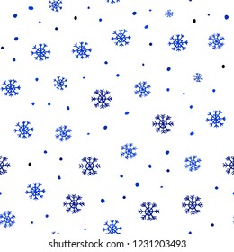 Dark BLUE vector seamless template with ice snowflakes. Colorful decorative design in xmas style with snow. Pattern for trendy fabric, wallpapers.