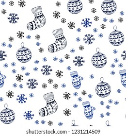 Dark BLUE vector seamless template with ice snowflakes, balls, socks, mittens. Modern geometric abstract illustration. Texture for window blinds, curtains.