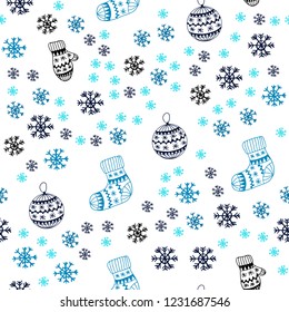 Dark BLUE vector seamless template with ice snowflakes, balls, socks, mittens. Shining colorful illustration in christmas style. Texture for window blinds, curtains.