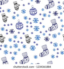Dark BLUE vector seamless template with ice snowflakes, balls, socks, mittens. Modern geometric abstract illustration. Design for wallpaper, fabric makers.