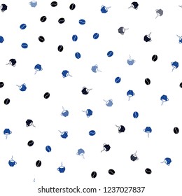 Dark BLUE vector seamless template with cups of coffee, beans. Gradient abstract collection of coffee cups and beans. Pattern for menu of cafes and restaurants.