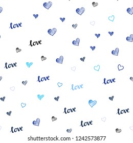 Dark BLUE vector seamless template with text LOVE YOU, hearts. Illustration with phrase LOVE YOU, hearts for valentine's day. Design for textile, fabric, wallpapers.