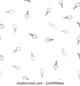 Dark BLUE vector seamless template with tasty ice-cream. Illustration with set of delicious sweet ice-cream cones. Pattern for ad, booklets, leaflets of restaurants.