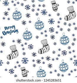 Dark BLUE vector seamless template with ice snowflakes, balls, socks, mittens. Modern geometric abstract illustration. Texture for window blinds, curtains.