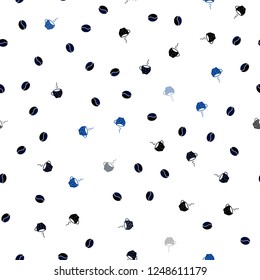 Dark BLUE vector seamless template with cups of coffee, beans. Glitter abstract backdrop with gradient mugs, coffee grains. Pattern for ad, booklets, leaflets of restaurants.