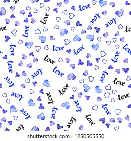 Dark BLUE vector seamless template with text LOVE YOU, hearts. Colorful gradient phrase LOVE YOU, hearts in abstract style. Design for wallpaper, fabric makers.