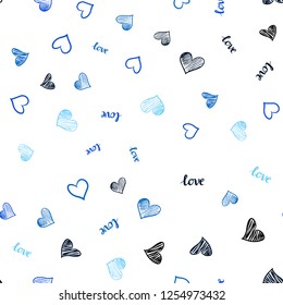 Dark BLUE vector seamless template with text LOVE YOU, hearts. Design in doodle style with text LOVE YOU, hearts. Pattern for trendy fabric, wallpapers.