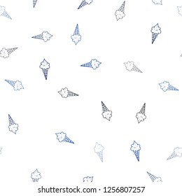 Dark BLUE vector seamless template with tasty ice-cream. Beautiful colorful illustration with ice-cream cones. Doodle design for your business advert of cafes.
