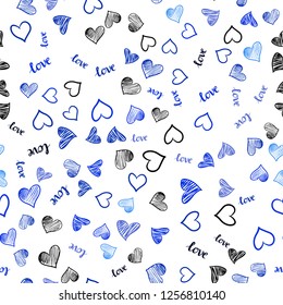 Dark BLUE vector seamless template with text LOVE YOU, hearts. Design in doodle style with text LOVE YOU, hearts. Design for textile, fabric, wallpapers.