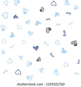 Dark BLUE vector seamless template with text LOVE YOU, hearts. Illustration with words of love, hearts in abstract style. Texture for window blinds, curtains.