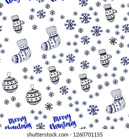 Dark BLUE vector seamless template with ice snowflakes, balls, socks, mittens. Colorful illustration with xmas symbols. Design for wallpaper, fabric makers.