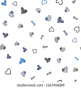 Dark BLUE vector seamless template with text LOVE YOU, hearts. Design in doodle style with text LOVE YOU, hearts. Texture for window blinds, curtains.