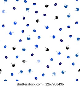 Dark BLUE vector seamless template with cups of coffee, beans. Gradient illustration with set of mugs, beans. Pattern for ad, booklets, leaflets of restaurants.