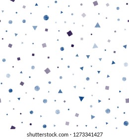 Dark BLUE vector seamless template with crystals, circles, squares. Glitter abstract illustration with spheres, squares, lines. Pattern for design of window blinds, curtains.