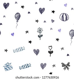 Dark BLUE vector seamless template in carnival style. Illustration with a colorfulheart, baloon, candy, gift, star, ribbon. Template for new year postcards.