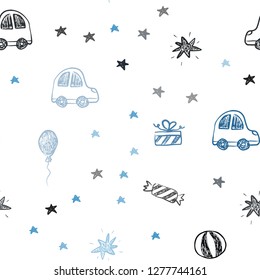 Dark BLUE vector seamless template in carnival style. Shining illustration with a toy car, baloon, candy, star, ball. Design for holiday adverts.