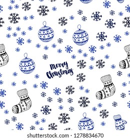 Dark BLUE vector seamless template with ice snowflakes, balls, socks, mittens. Colorful xmas elements with gradient. Design for wallpaper, fabric makers.