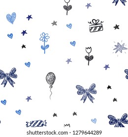 Dark BLUE vector seamless template with carnival elements. Design in xmas style with a toy car, heart, baloon, tulip, candy, ball. Pattern for new year ads.