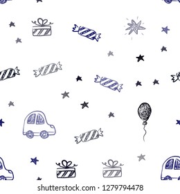 Dark BLUE vector seamless template in carnival style. Abstract illustration with a toy car, baloon, candy, star, ball. Design for colorful commercials.