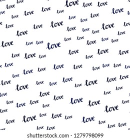 Dark BLUE vector seamless template with text LOVE  . Decorative design in doodle style with text LOVE  . Design for wallpaper, fabric makers.