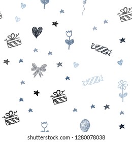Dark BLUE vector seamless template in carnival style. Illustration with a colorfulheart, baloon, candy, gift, star, ribbon. Pattern for new year ads.