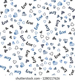 Dark BLUE vector seamless template with text LOVE YOU, hearts. Illustration with words of love, hearts in abstract style. Template for business cards, websites.