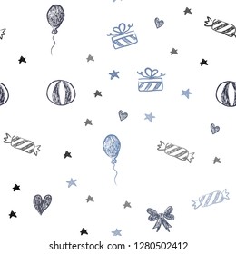 Dark BLUE vector seamless template in carnival style. Abstract illustration with aheart, baloon, candy, gift, star, ribbon. Pattern for new year ads.