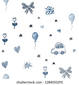 Dark BLUE vector seamless template with carnival elements. Design in xmas style with a toy car, heart, baloon, tulip, candy, ball. Pattern for new year ads.