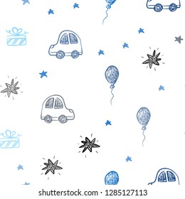 Dark BLUE vector seamless template in carnival style. Abstract illustration with a toy car, baloon, candy, star, ball. Pattern for carnival, festival ads.