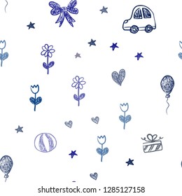 Dark BLUE vector seamless template with carnival elements. Illustration with a colorful toy car, heart, baloon, tulip, candy, ball. Pattern for carnival, festival ads.