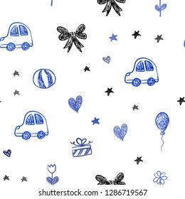 Dark BLUE vector seamless template with carnival elements. Shining illustration with a toy car, heart, baloon, tulip, candy, ball. Design for colorful commercials.