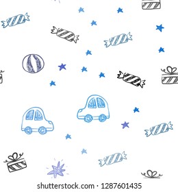 Dark BLUE vector seamless template in carnival style. Colorful illustration with a toy car, baloon, candy, star, ball. Pattern for birthday gifts.