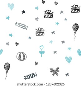 Dark BLUE vector seamless template in carnival style. Design in xmas style with aheart, baloon, candy, gift, star, ribbon. Design for holiday adverts.