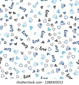 Dark BLUE vector seamless template with text LOVE YOU, hearts. Design in doodle style with text LOVE YOU, hearts. Texture for window blinds, curtains.