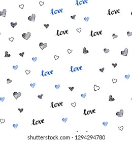 Dark BLUE vector seamless template with text LOVE  , hearts. Colorful illustration with quote LOVE  , hearts. Design for textile, fabric, wallpapers.
