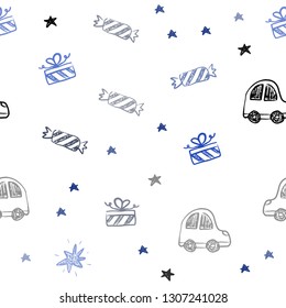 Dark BLUE vector seamless template in carnival style. Illustration with a gradient toy car, baloon, candy, star, ball. Design for holiday adverts.