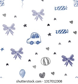 Dark BLUE vector seamless template with carnival elements. Illustration with a gradient toy car, heart, baloon, tulip, candy, ball. Pattern for birthday gifts.