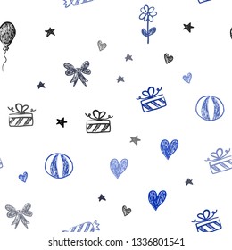 Dark BLUE vector seamless template in carnival style. Abstract illustration with aheart, baloon, candy, gift, star, ribbon. Pattern for birthday gifts.